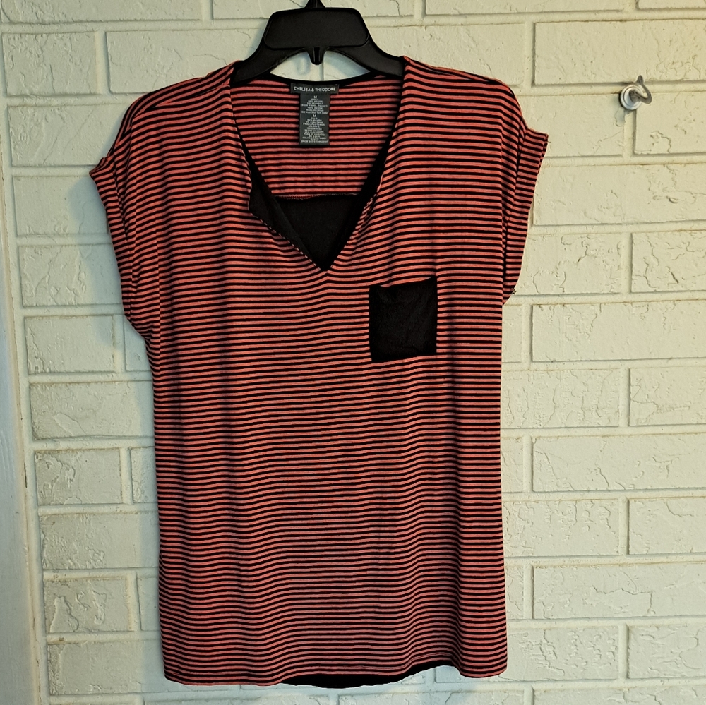 Chelsea & Theodore red & black striped blouse